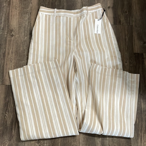 Calvin Klein Pants - Calvin Klein Beige & White Striped Wide-Leg Pants
